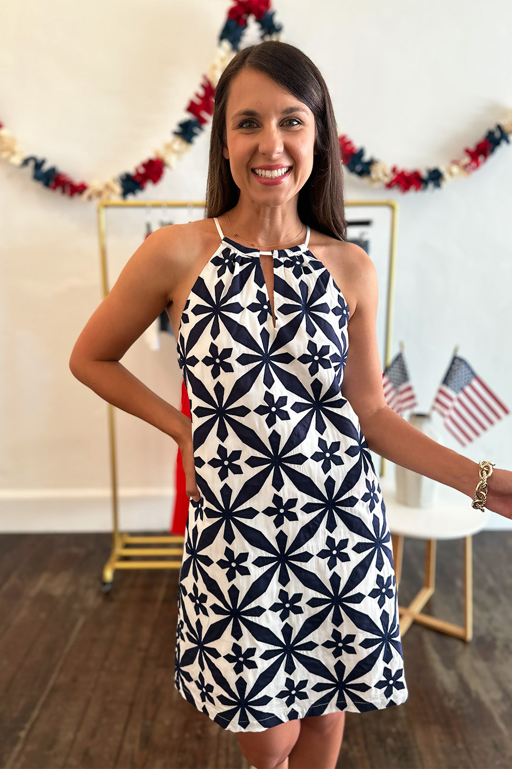Navy and White High Neck Dress