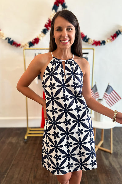 Navy and White High Neck Dress