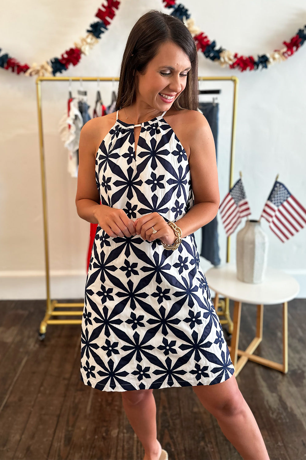 Navy and White High Neck Dress