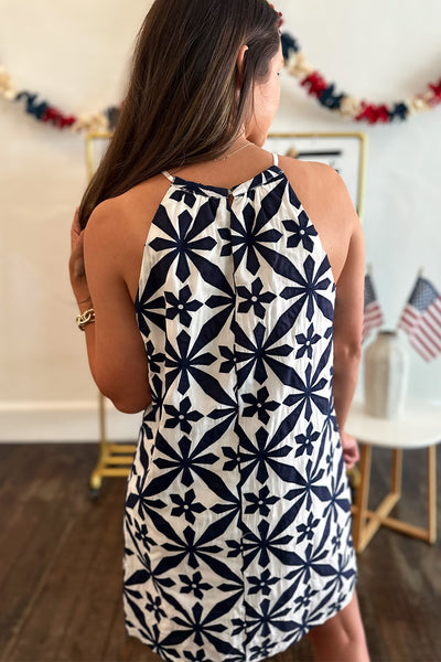 Navy and White High Neck Dress