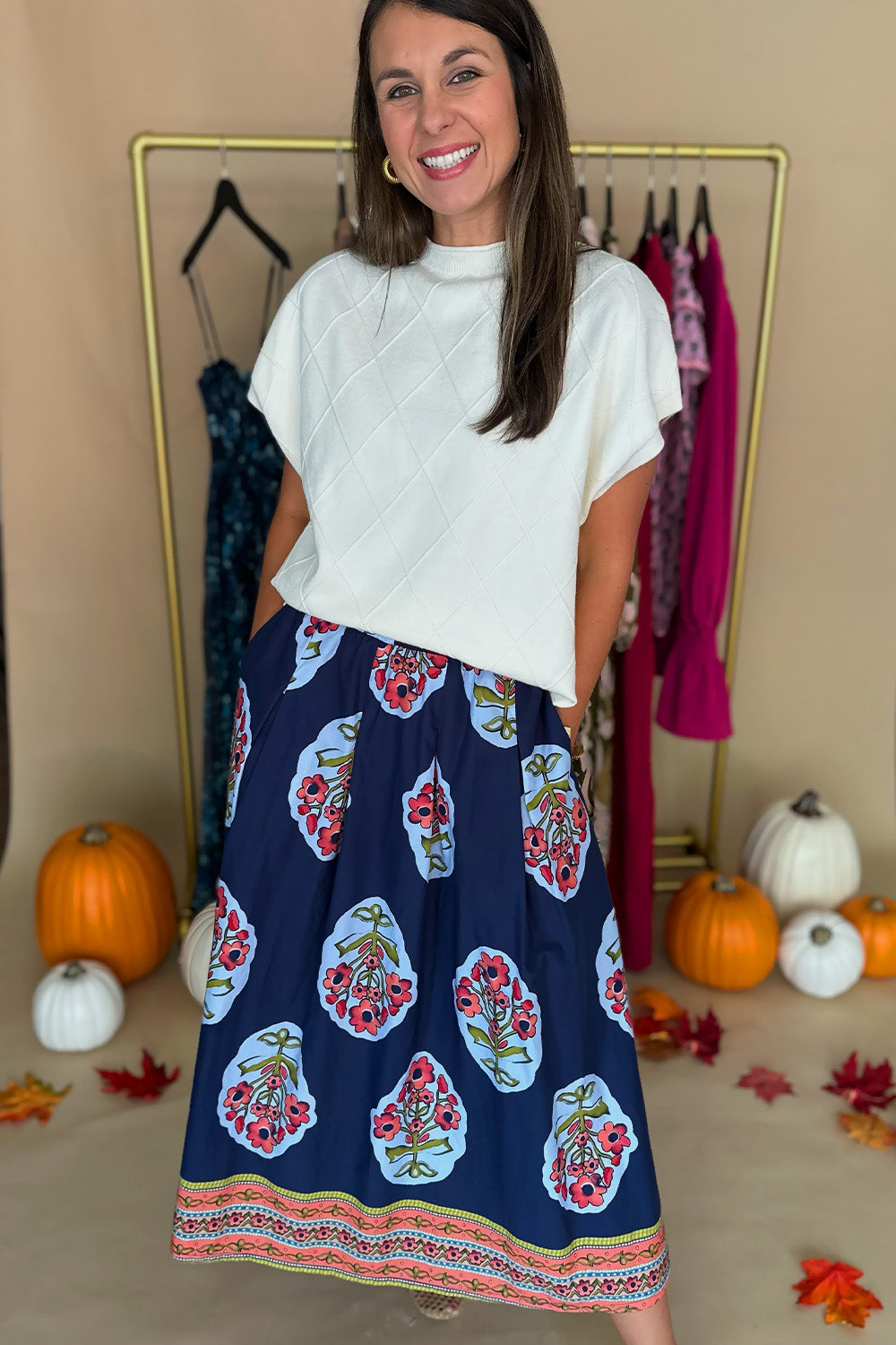 Navy  Floral Printed Midi Skirt