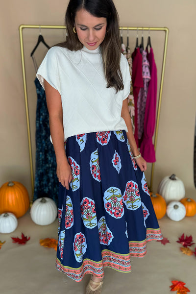 Navy  Floral Printed Midi Skirt