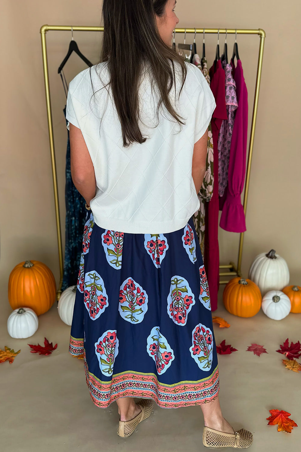 Navy  Floral Printed Midi Skirt