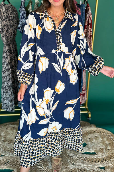 Navy and Mustard Mix Print Midi Dress