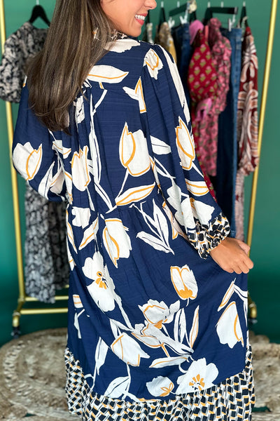 Navy and Mustard Mix Print Midi Dress