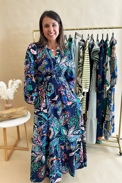 Navy Multi Color LS Midi Dress