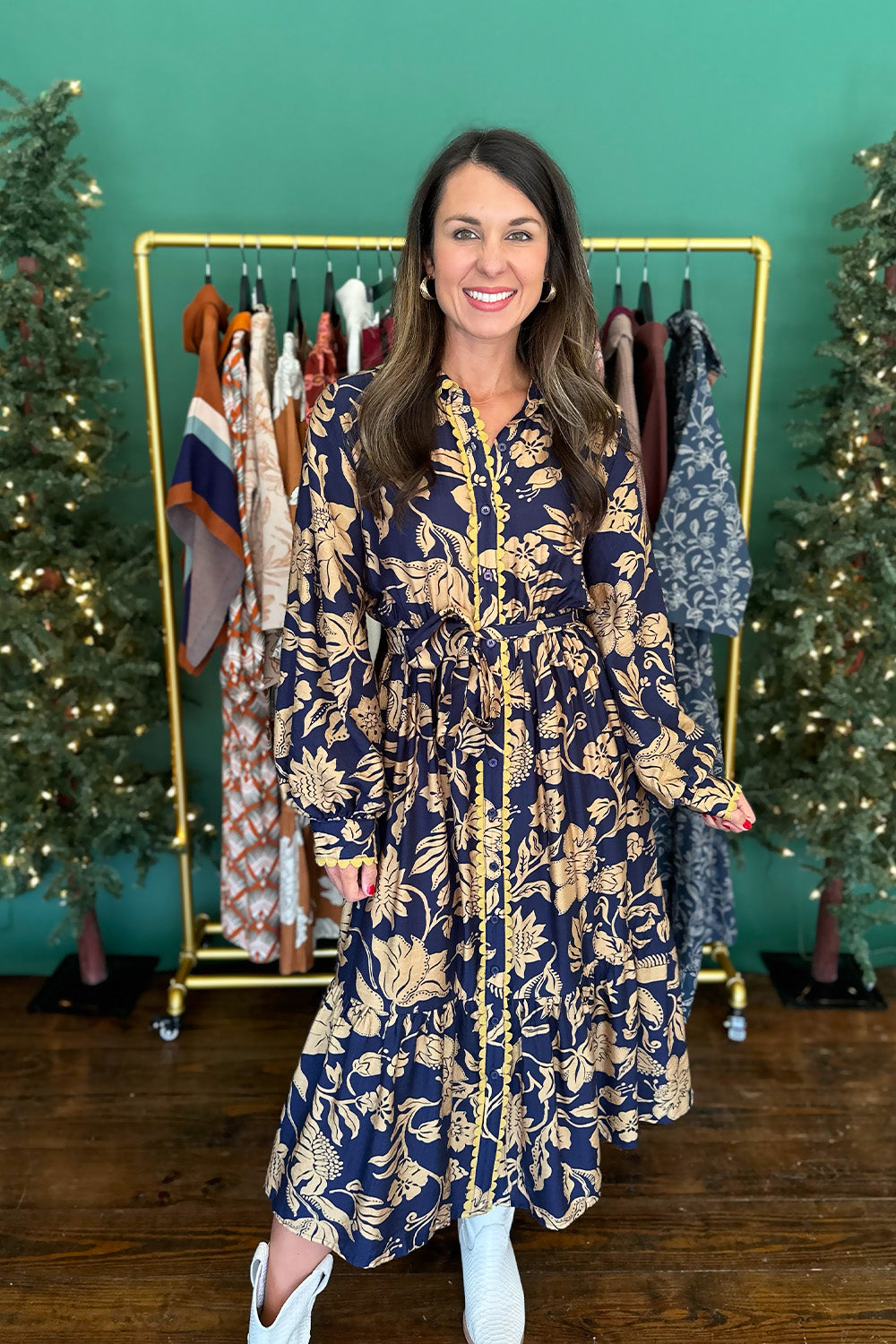 Navy and Yellow Button Front Midi Dress