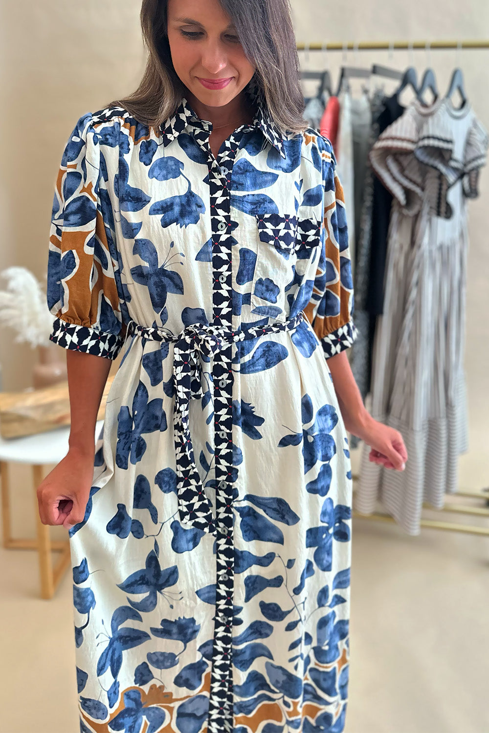 Blue and Camel Printed Tie Waist Midi