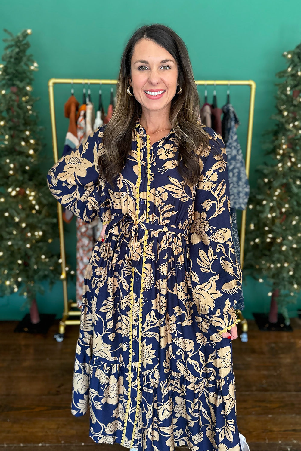 Navy and Yellow Button Front Midi Dress