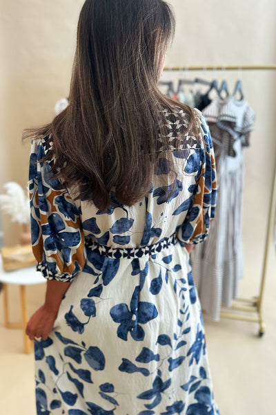 Blue and Camel Printed Tie Waist Midi