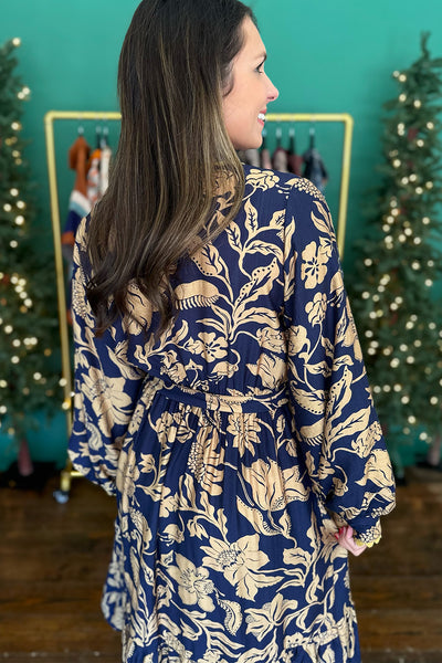 Navy and Yellow Button Front Midi Dress