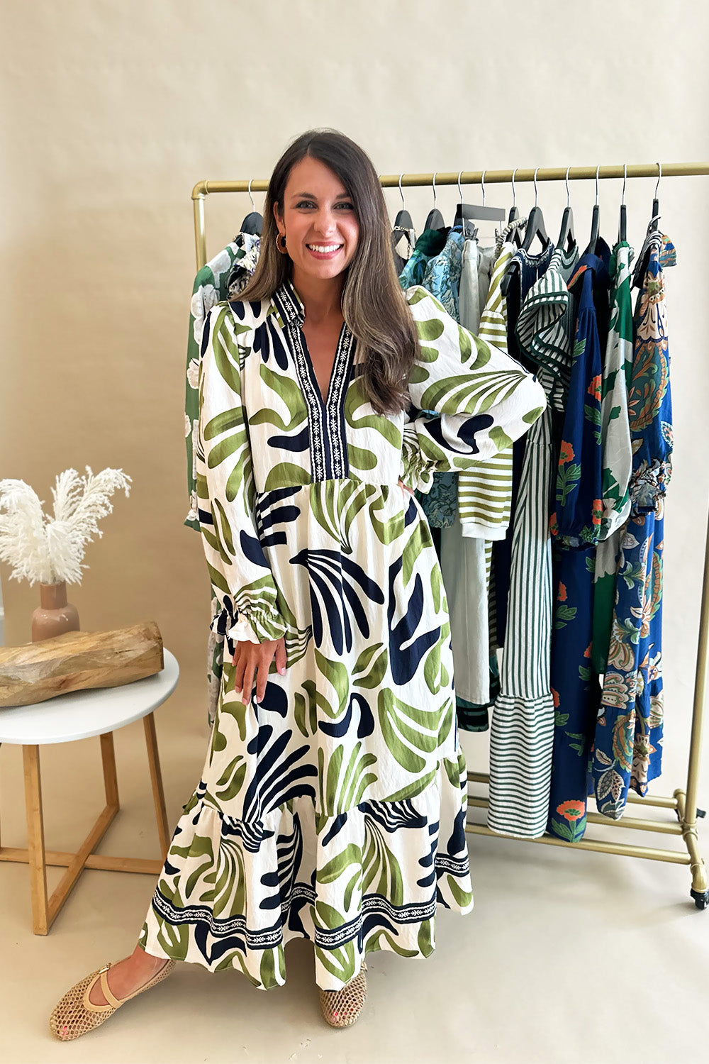 Navy and Olive Collared LS Midi Dress