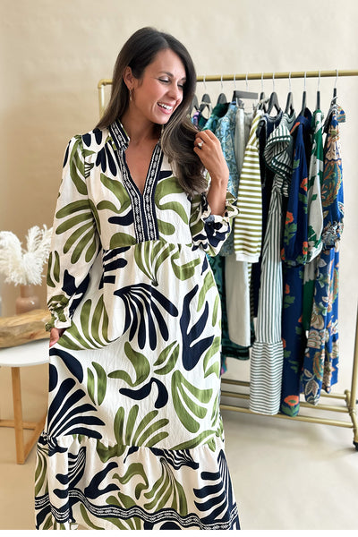 Navy and Olive Collared LS Midi Dress