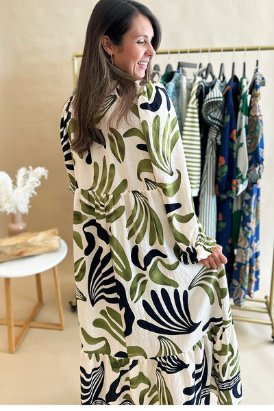 Navy and Olive Collared LS Midi Dress