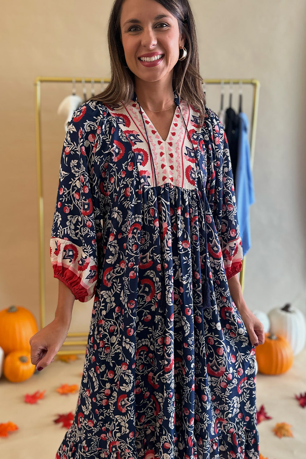 Navy Red Pink LS Midi Dress