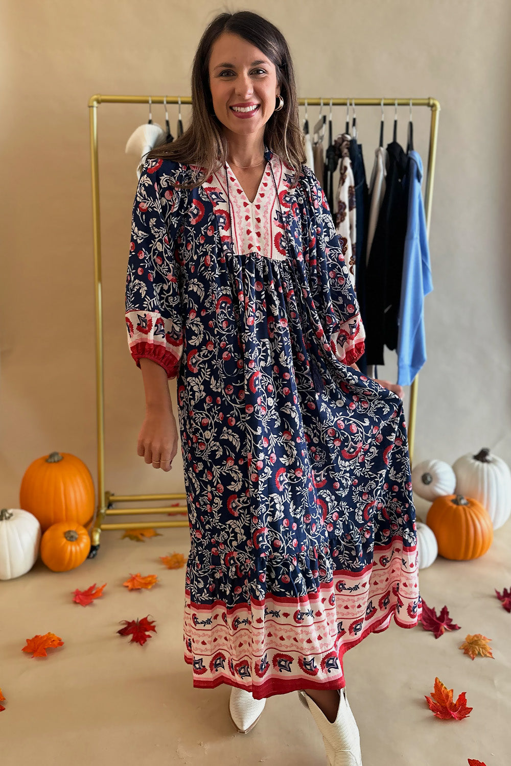 Navy Red Pink LS Midi Dress