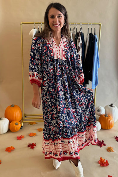 Navy Red Pink LS Midi Dress