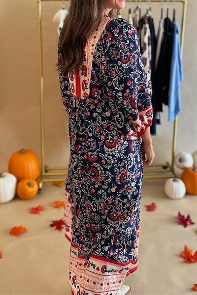 Navy Red Pink LS Midi Dress