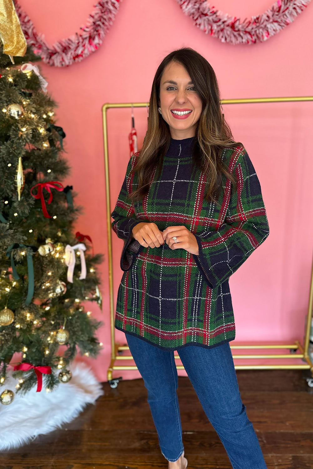 Navy Plaid Mock Neck Sweater