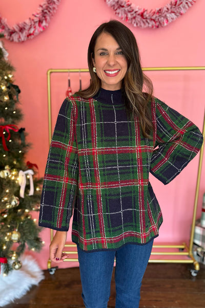 Navy Plaid Mock Neck Sweater
