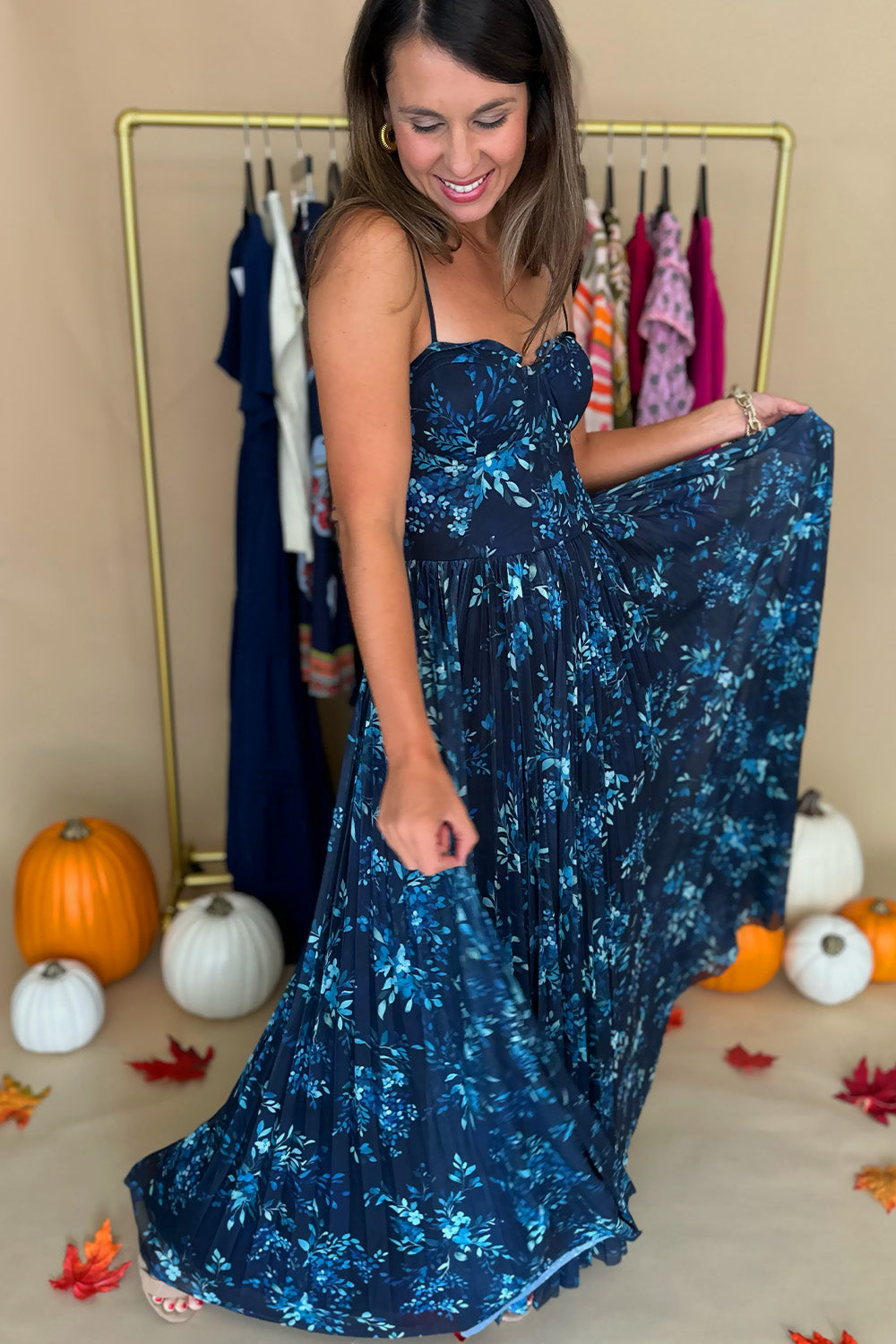 Navy and Blue Floral Pleated Long Dress