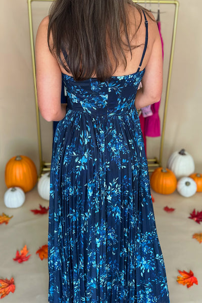 Navy and Blue Floral Pleated Long Dress