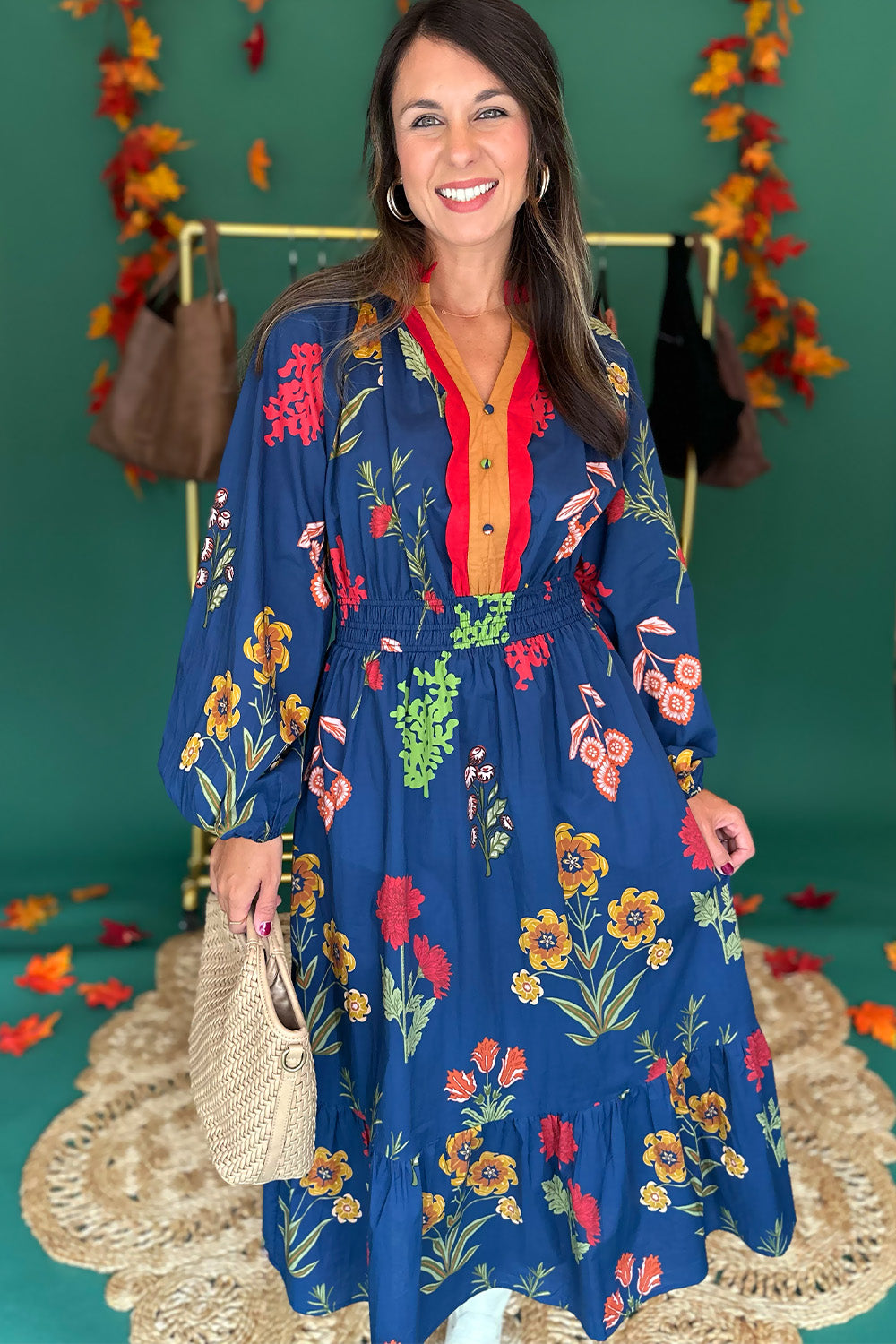 Navy Scallop Detail Floral Midi Dress