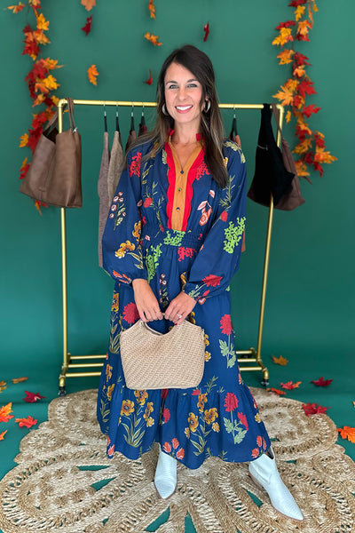 Navy Scallop Detail Floral Midi Dress