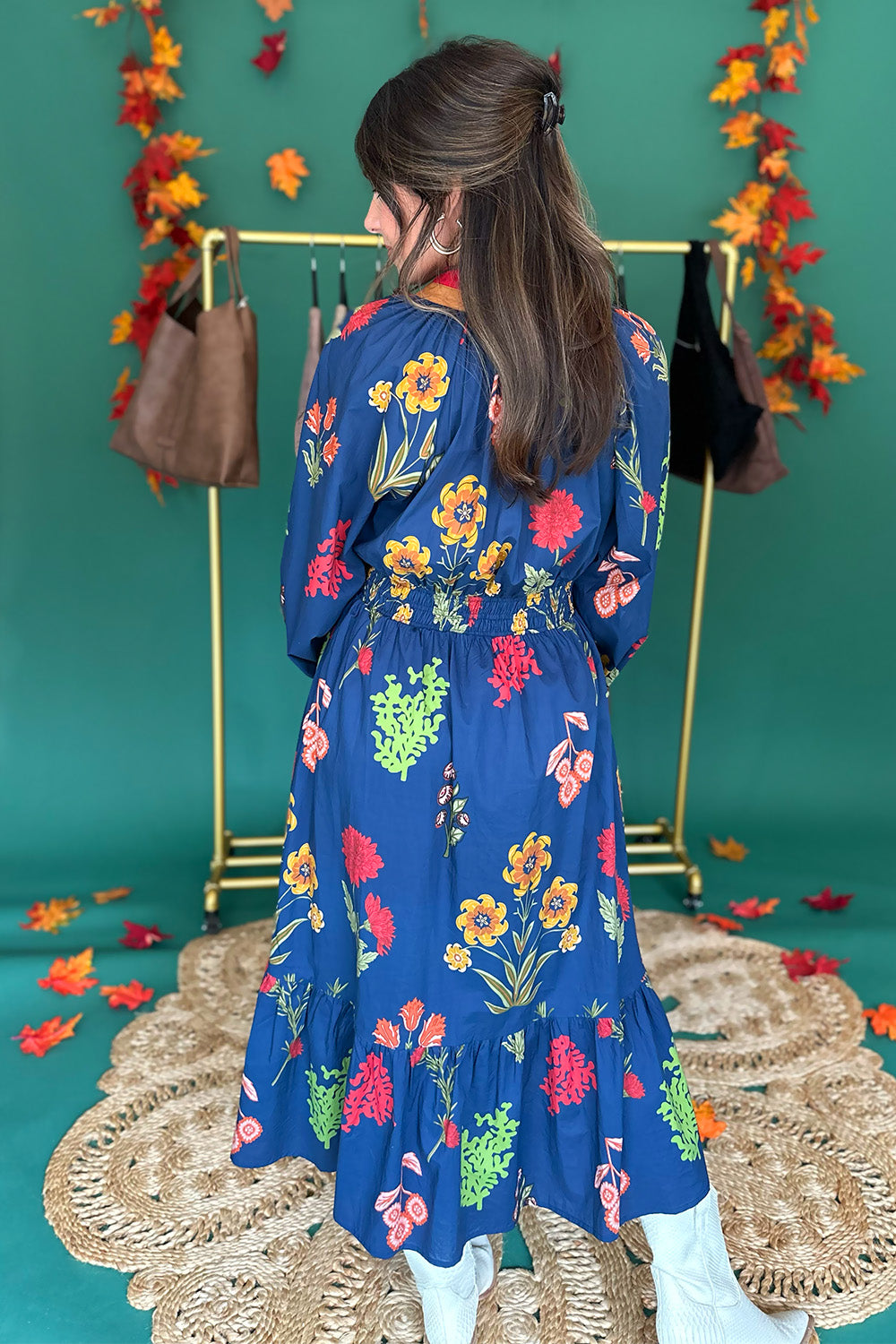 Navy Scallop Detail Floral Midi Dress