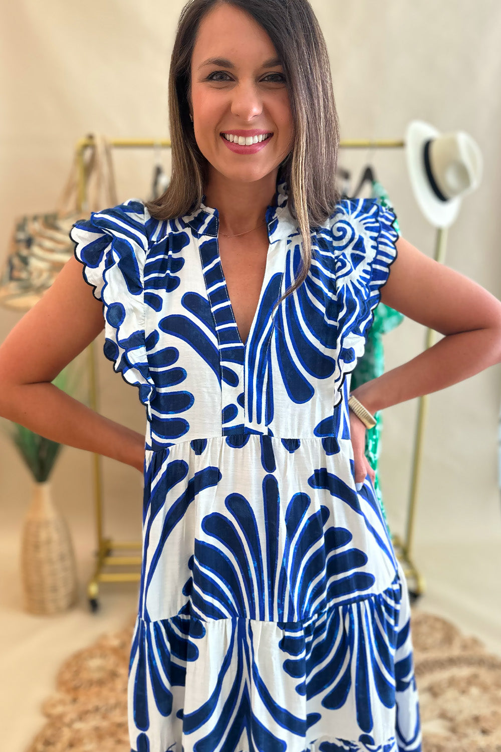 Navy and Blue Scallop Ruffle Sleeve Midi
