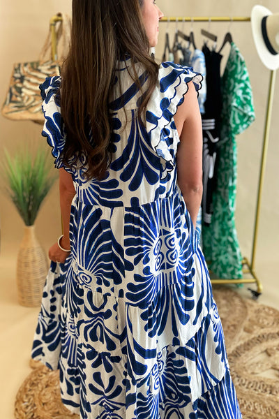 Navy and Blue Scallop Ruffle Sleeve Midi