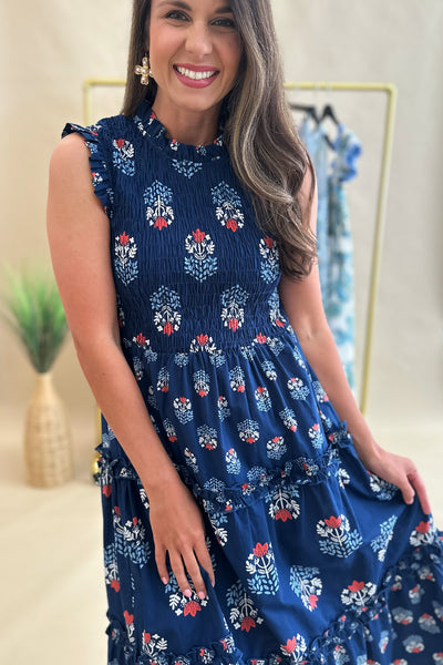 Navy Printed Smocked Bust Midi