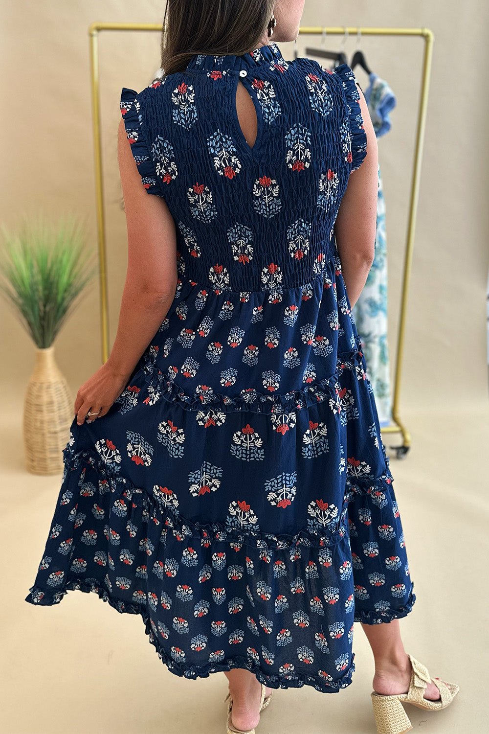 Navy Printed Smocked Bust Midi