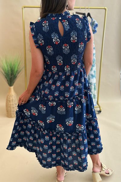 Navy Printed Smocked Bust Midi