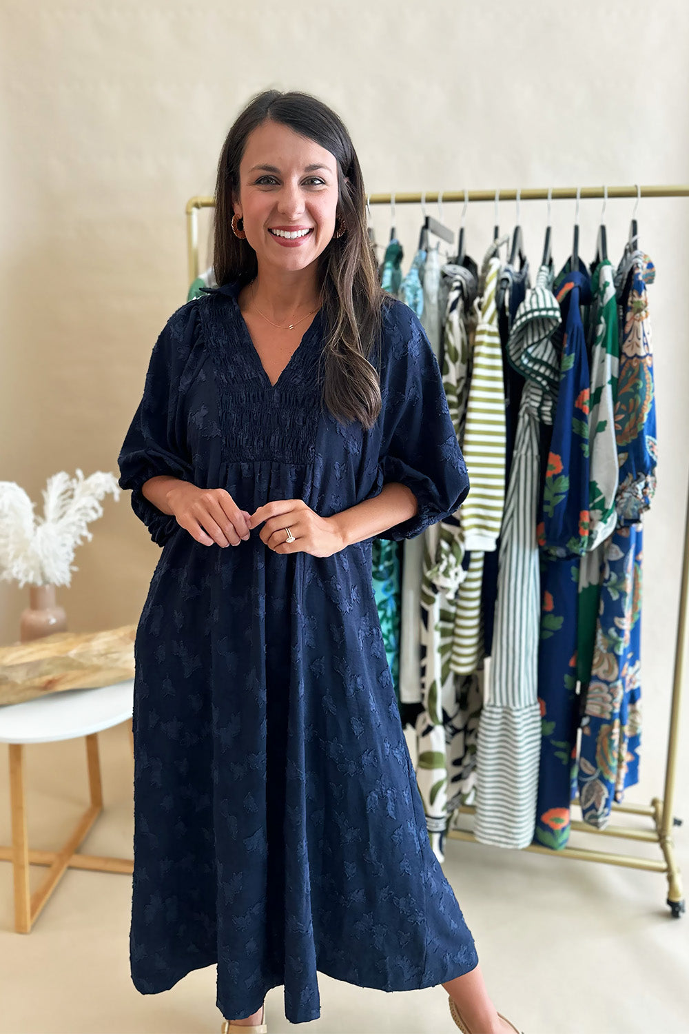 Navy Textured Smocked Neck Midi Dress