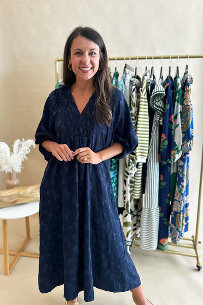 Navy Textured Smocked Neck Midi Dress