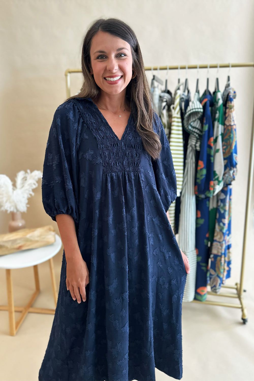 Navy Textured Smocked Neck Midi Dress