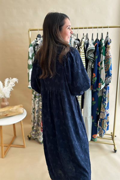 Navy Textured Smocked Neck Midi Dress