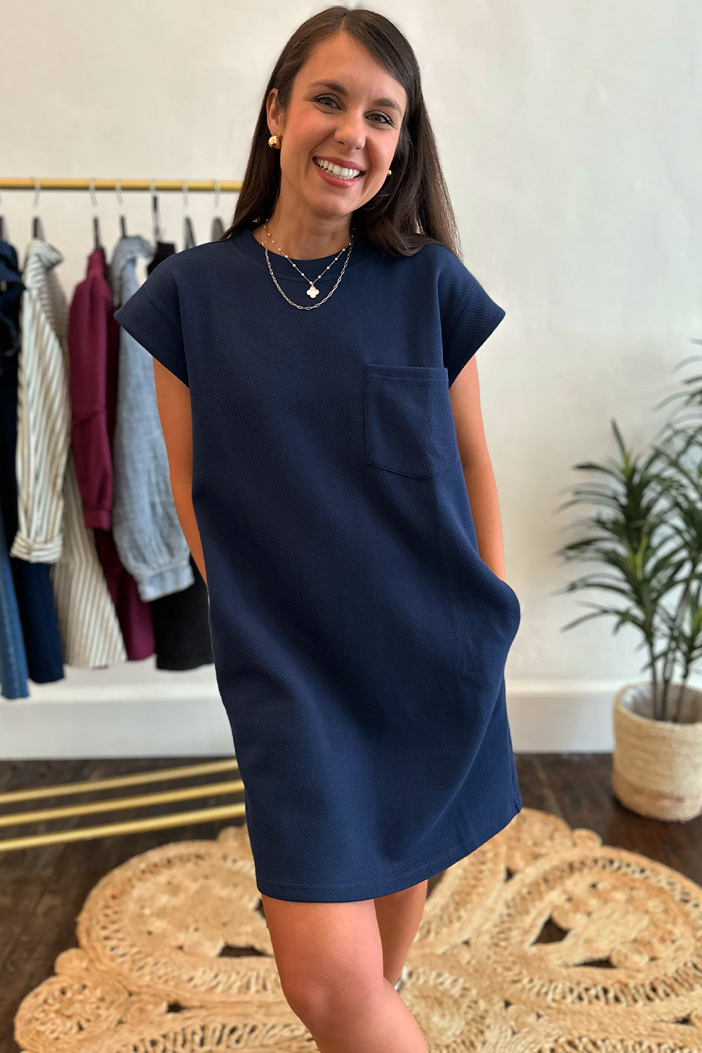 Textured Navy Pocket Front Dress