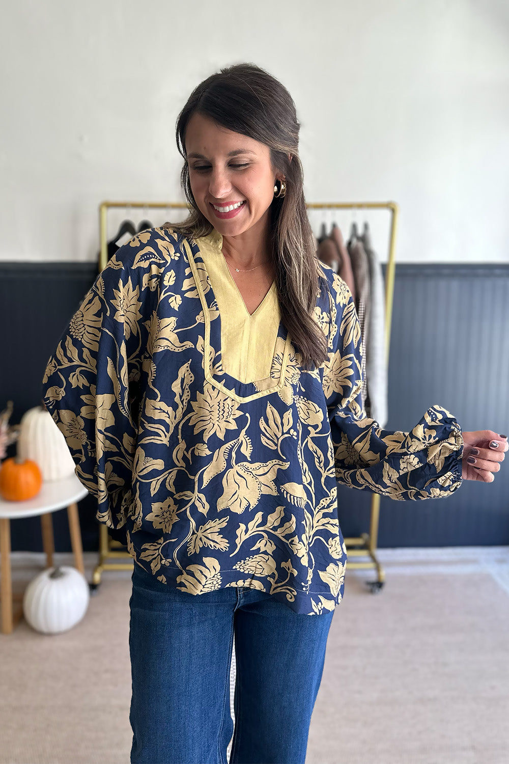 Navy and Yellow Printed Blouse