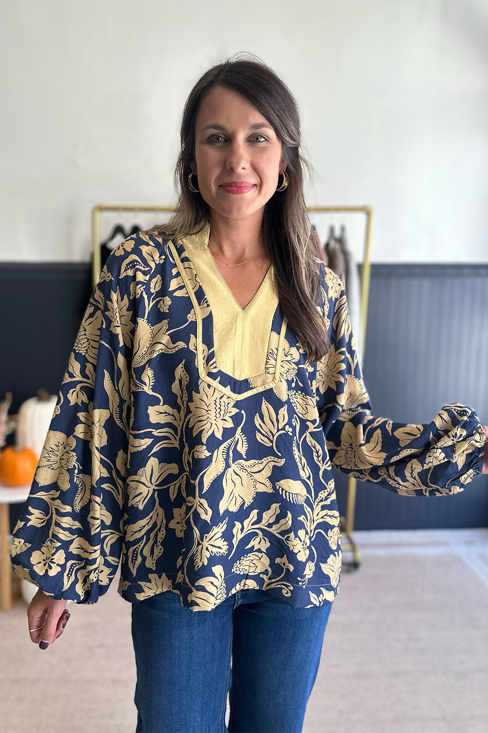 Navy and Yellow Printed Blouse