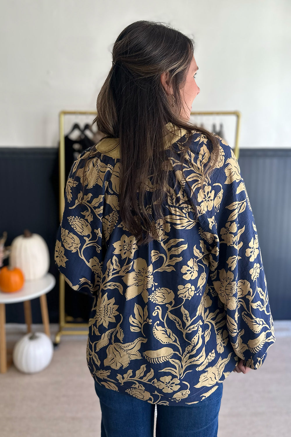 Navy and Yellow Printed Blouse