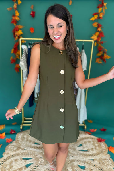 Olive Gold Button Front Sleeveless Dress