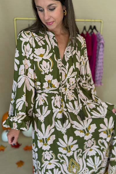 Olive and Pink LS Midi Dress
