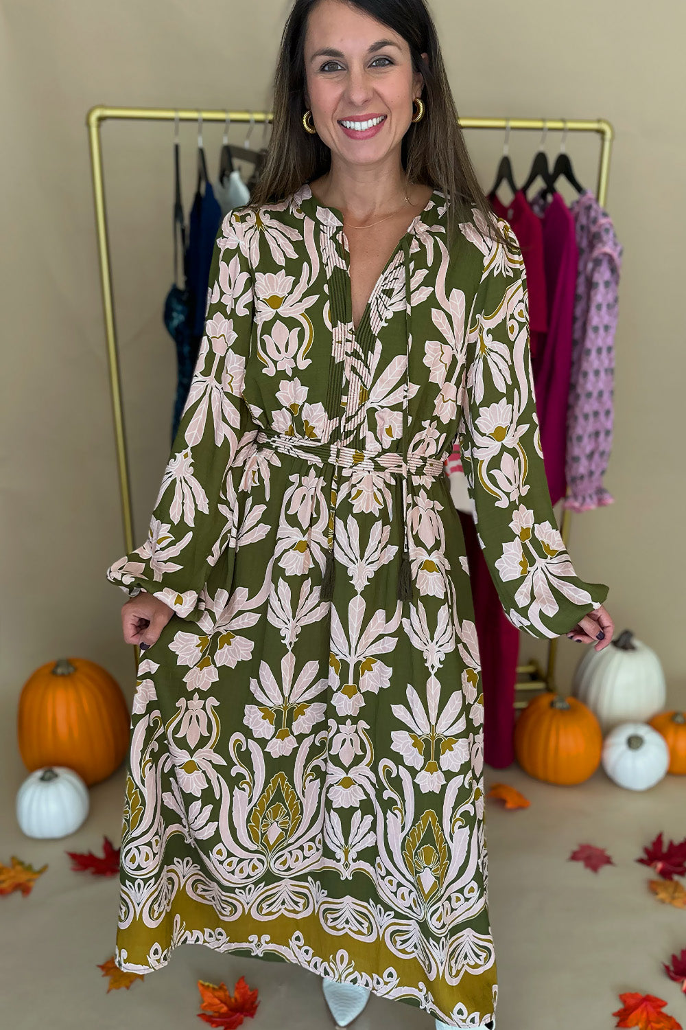 Olive and Pink LS Midi Dress