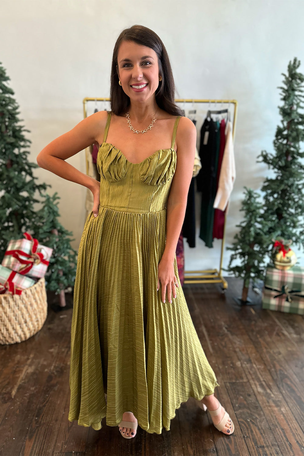 Chartreuse Satin Pleated Midi Dress