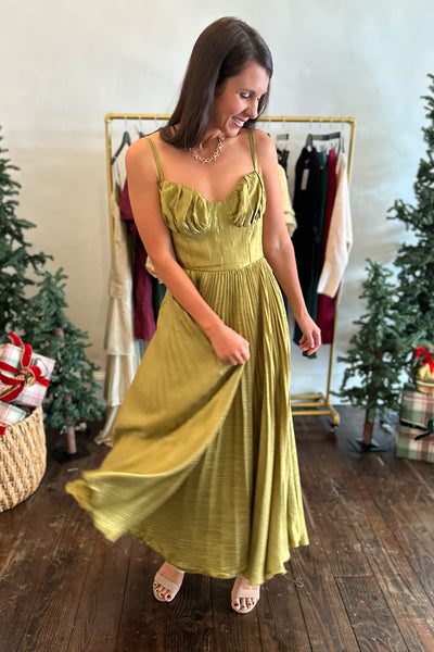 Chartreuse Satin Pleated Midi Dress