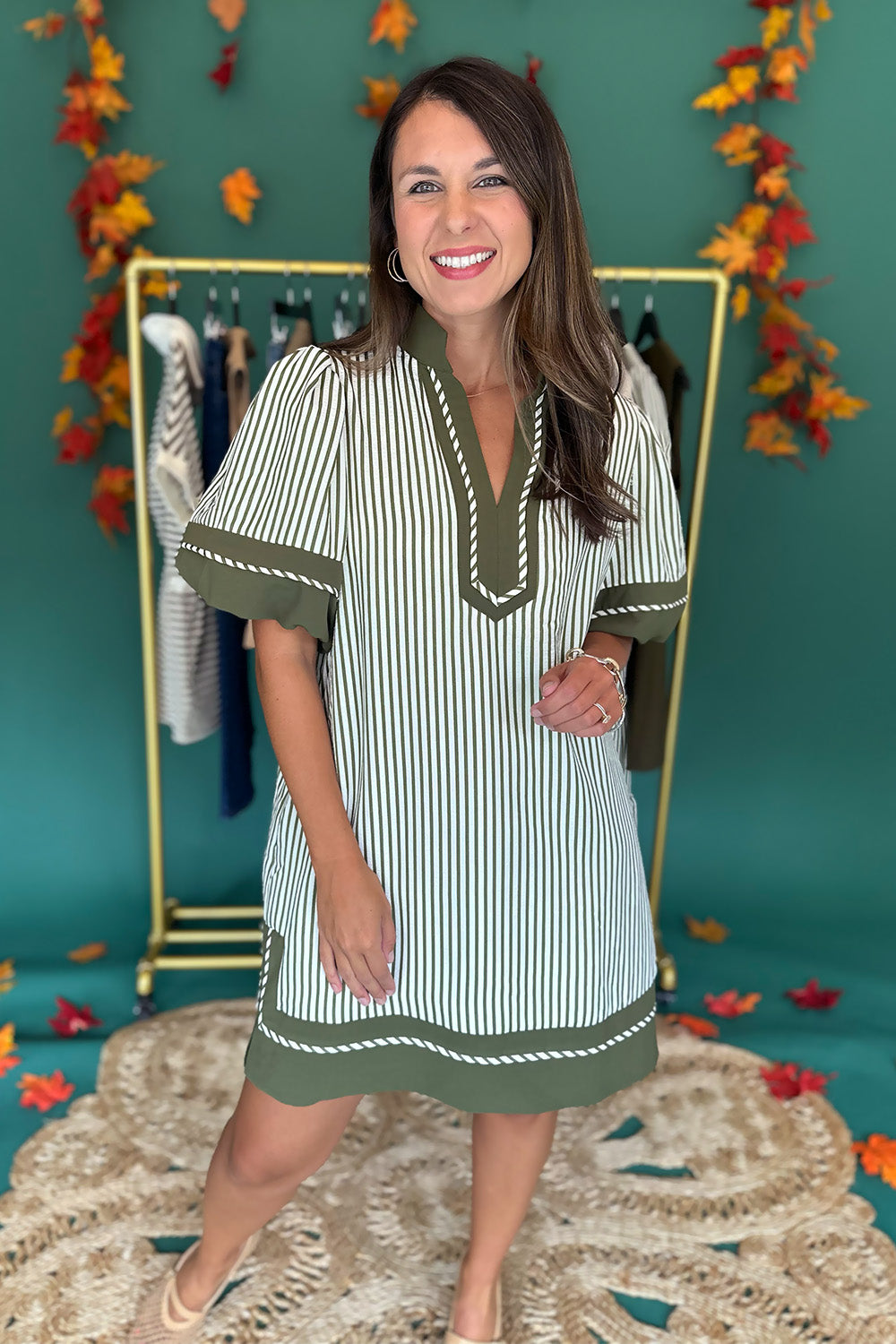 Green Stripe Olive Trim SS Dress