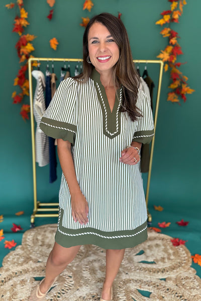 Green Stripe Olive Trim SS Dress
