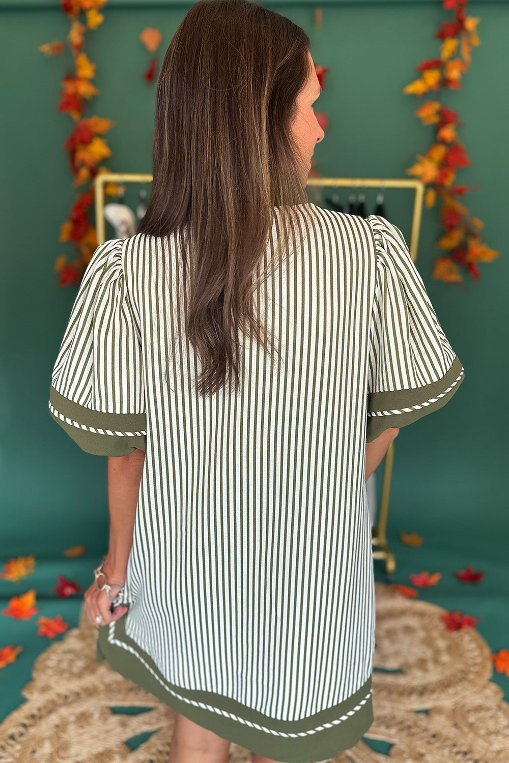Green Stripe Olive Trim SS Dress